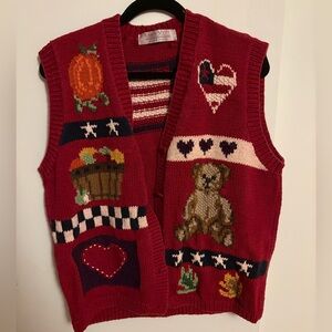 Karen Scott Red Knit Sweater Vest with Autumn/Americana Detailing